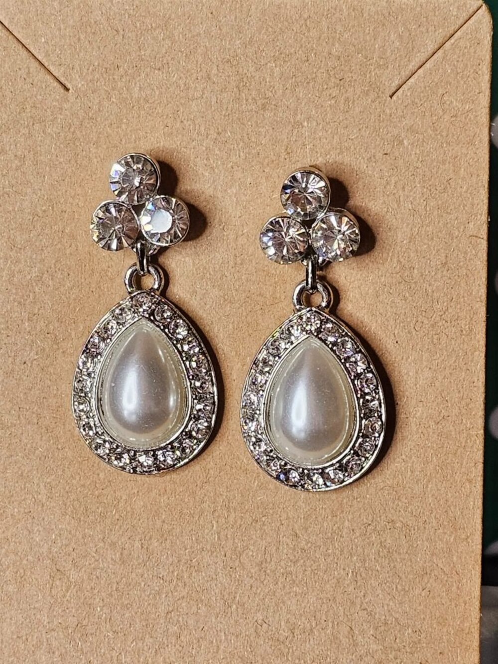 Silver Toned Teardrop Dangle Earrings w/ Faux Pearls
